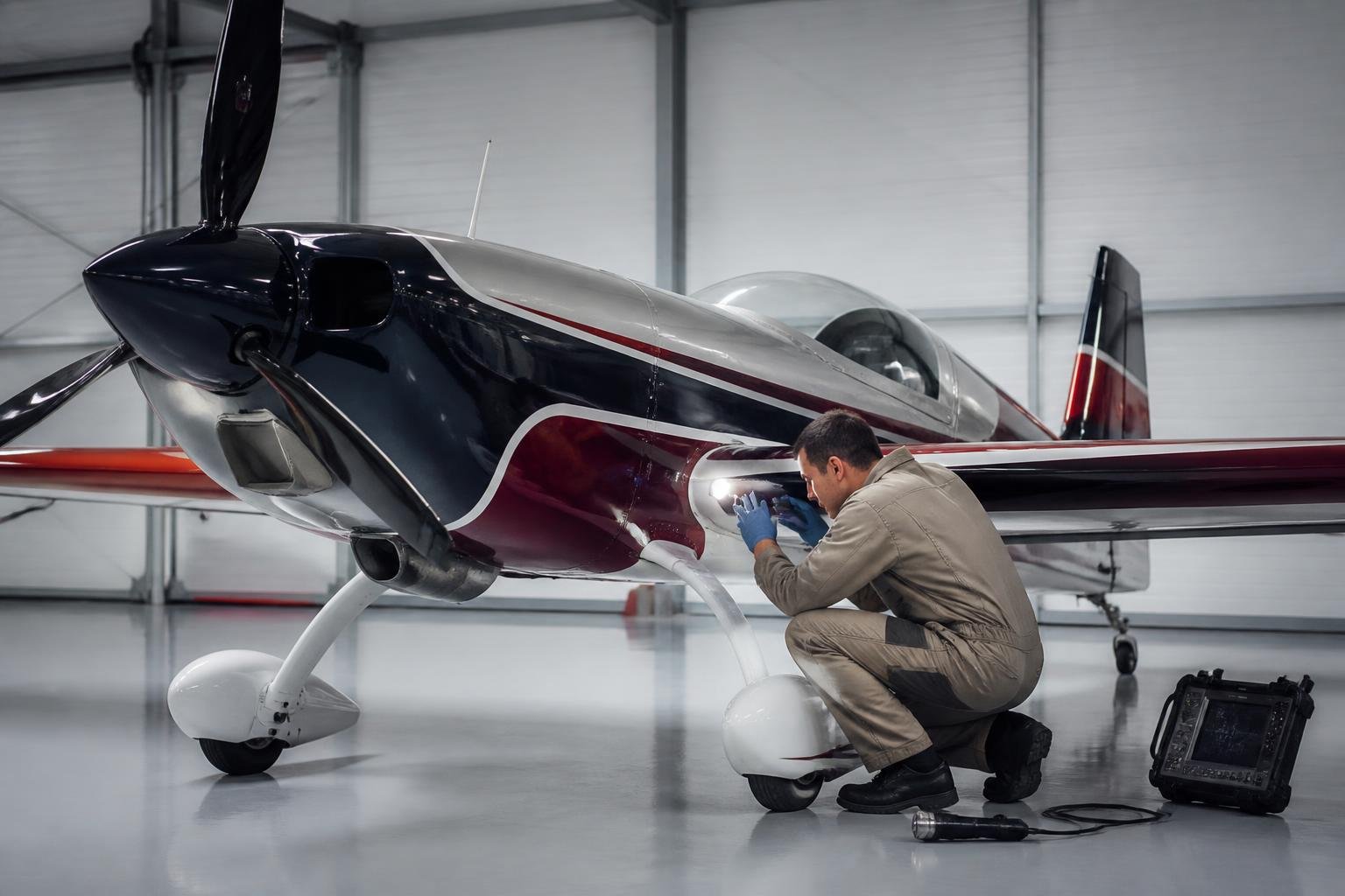 Technician inspecting the wing and fuselage structure of an aerobatic aircraft
