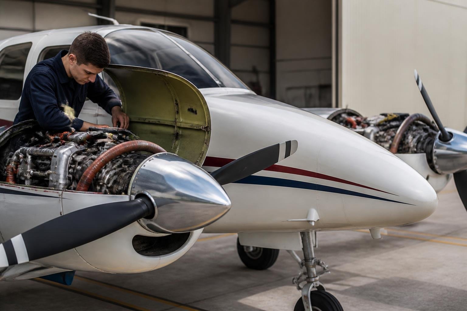 Technician inspecting the engine of a light twin trainer