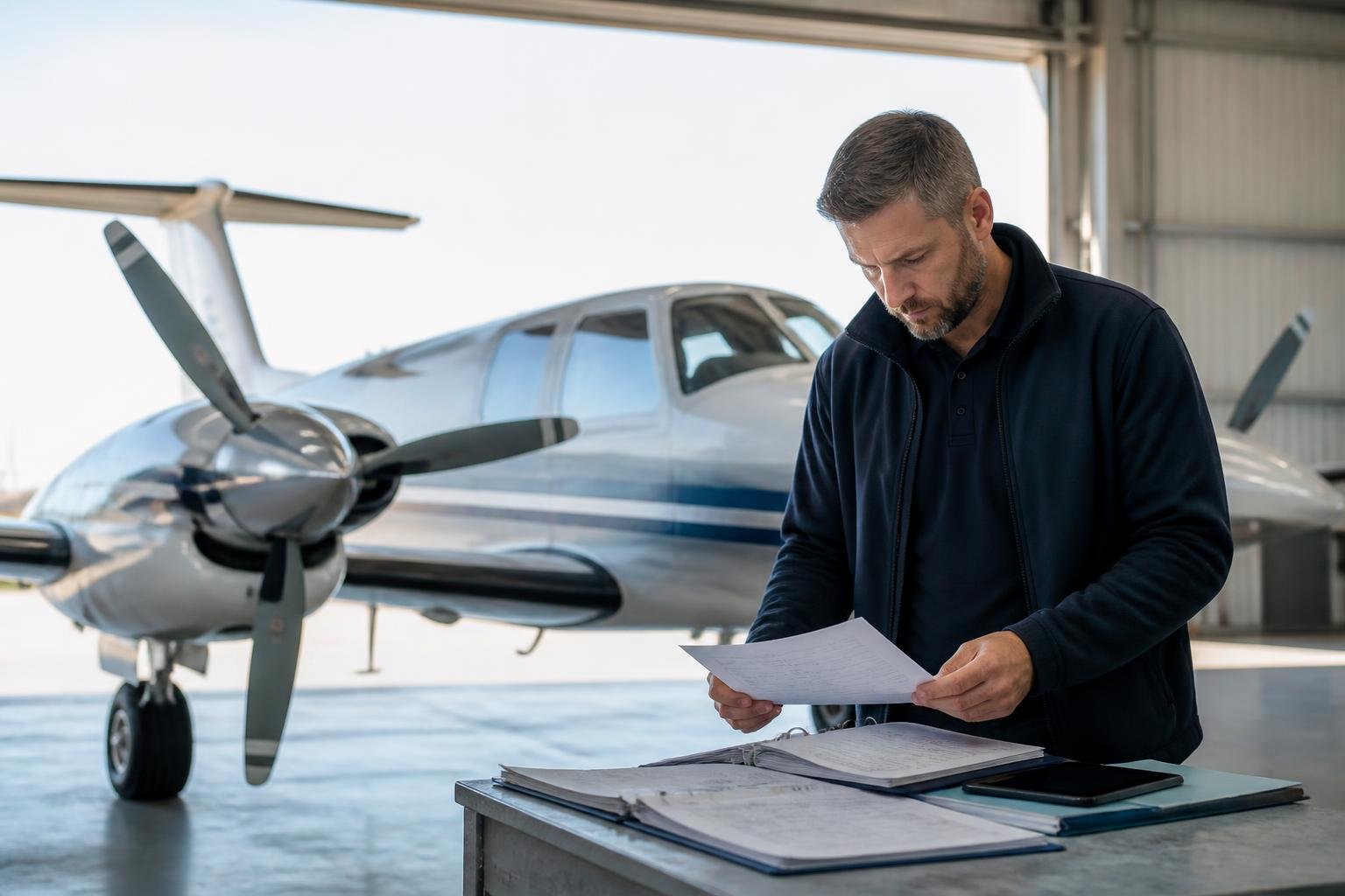 Flight school manager reviewing twin-engine operating costs