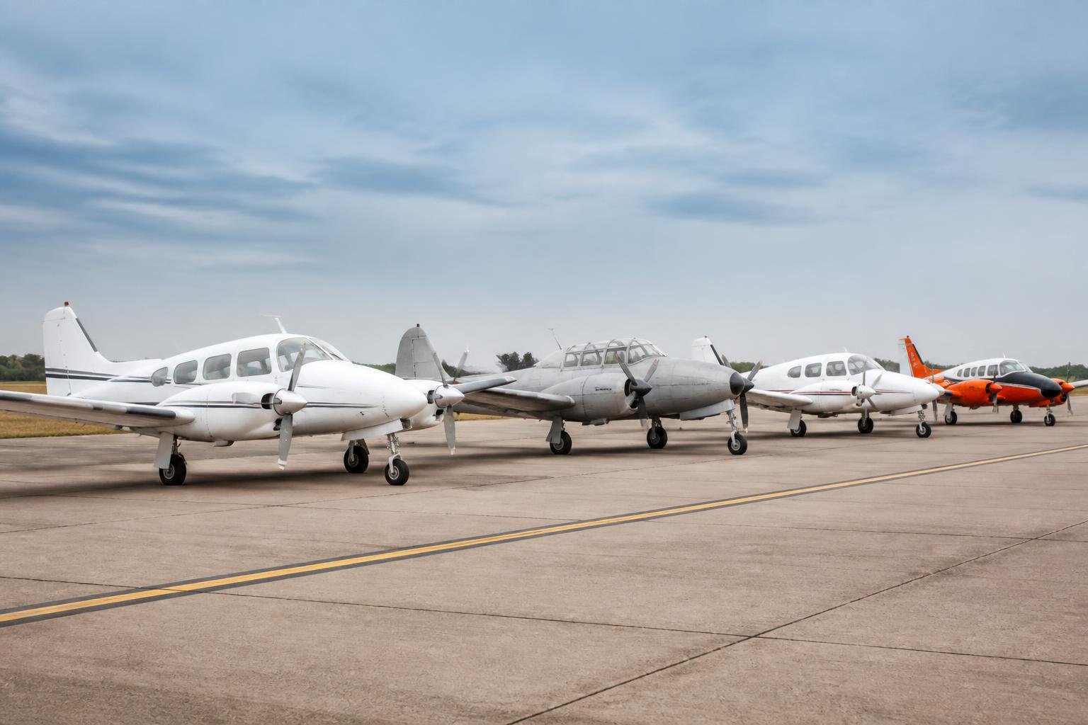 Different types of light twin-engine training aircraft on an apron