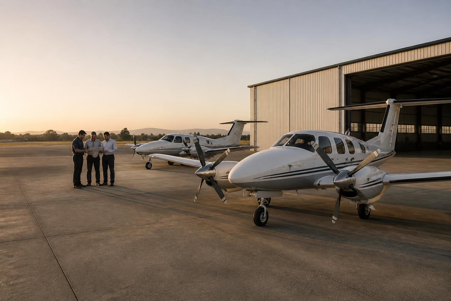 Light twin-engine trainers on a flight school ramp at sunrise