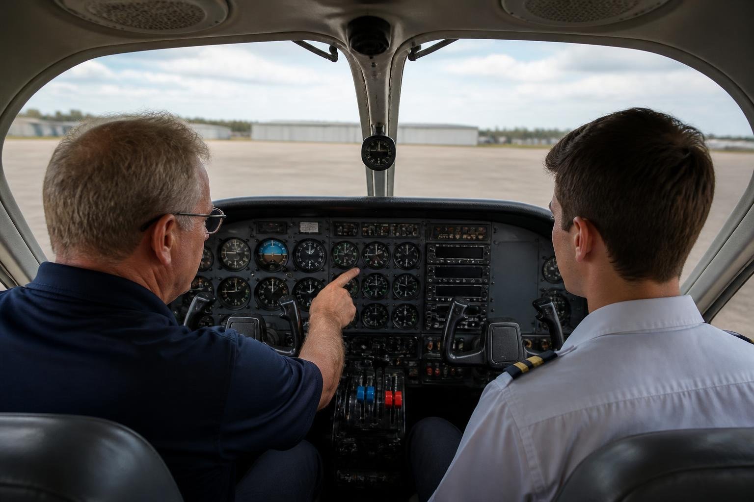 Instructor and student preparing for a multi-engine training flight