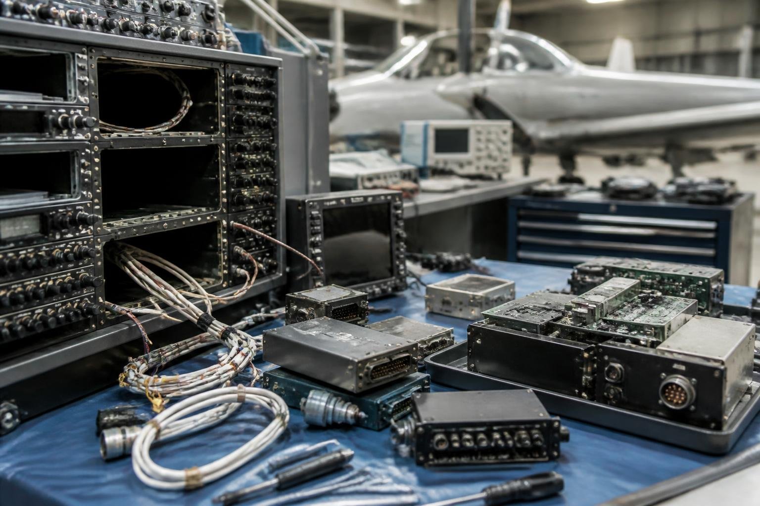 Removed aircraft avionics modules and wiring on a maintenance workbench