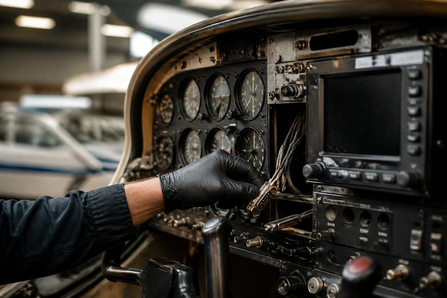 Technician inspecting aging avionics in a general aviation cockpit