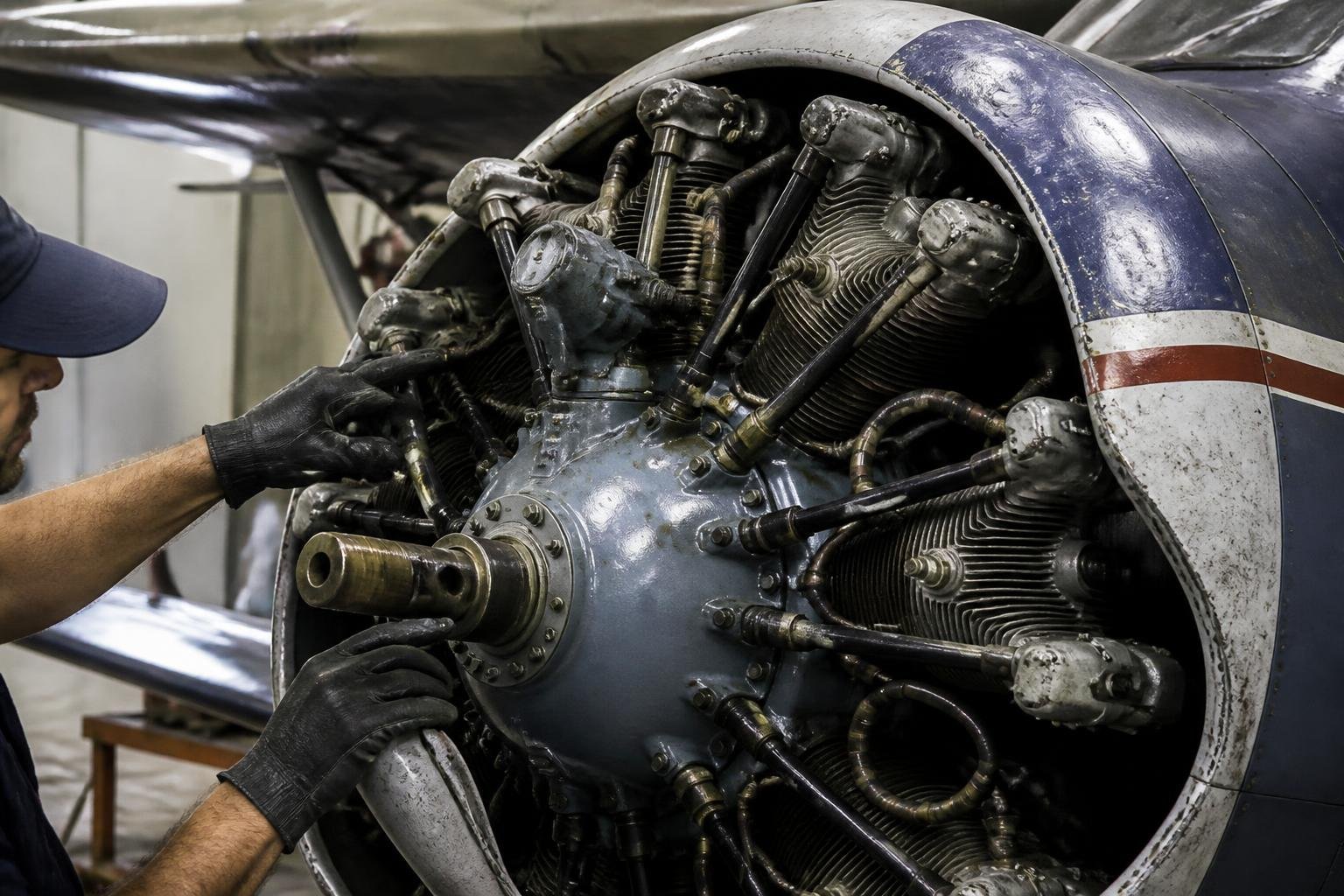 Vintage aircraft engine receiving a maintenance inspection