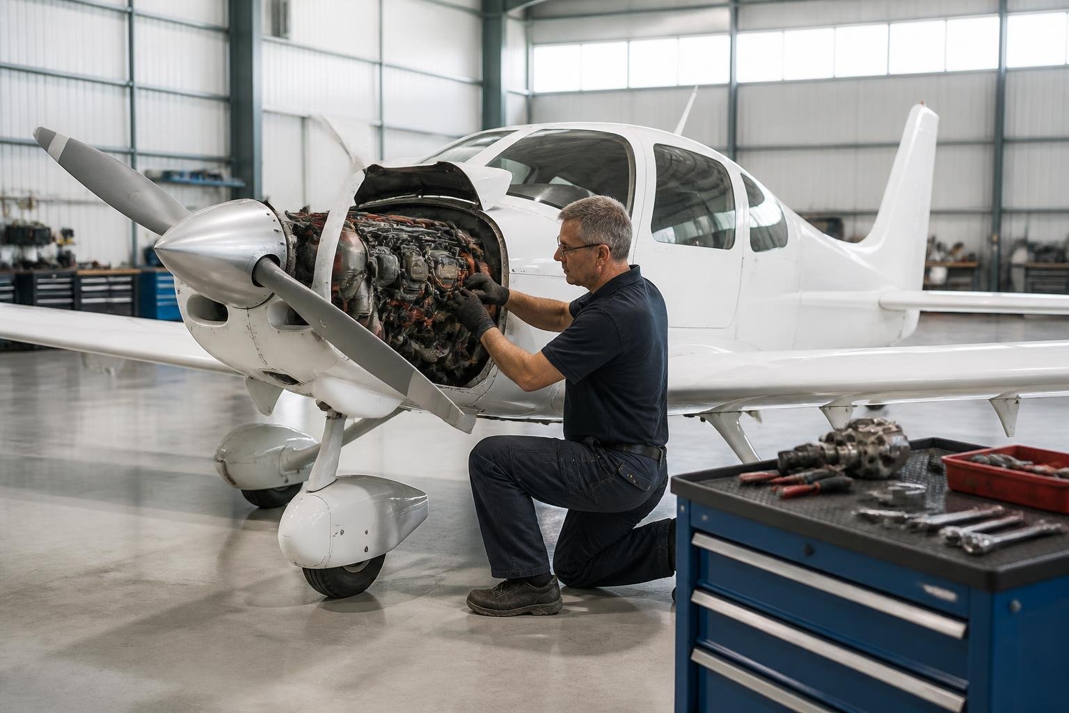 Technician inspecting an aircraft with its engine cowling open