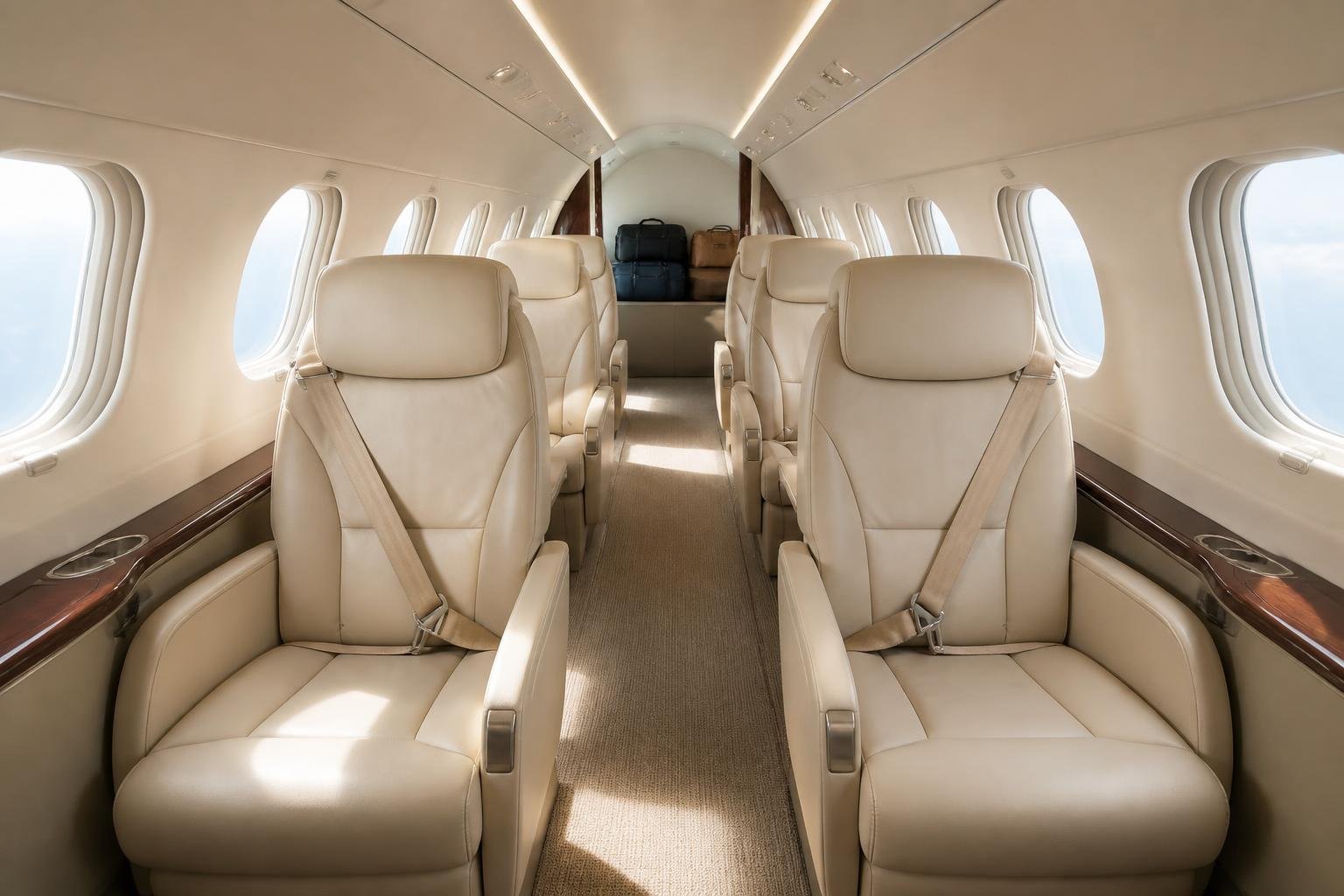 Pressurized six-seat aircraft cabin prepared for travel