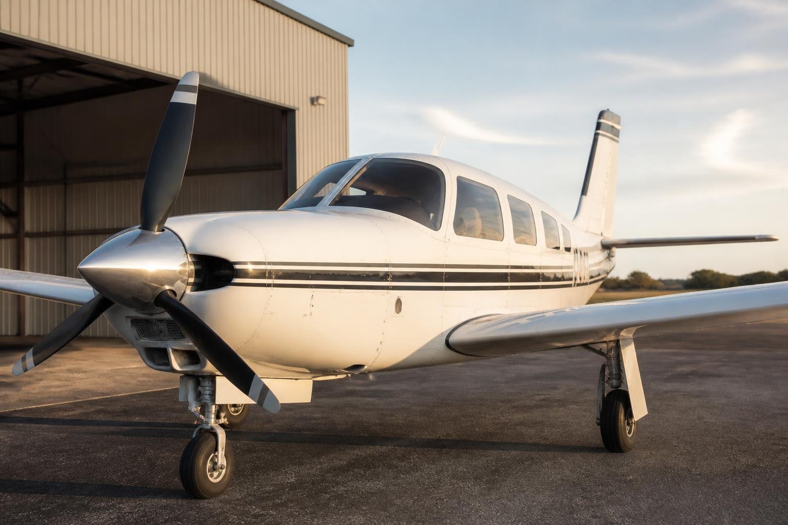 Older pressurized piston aircraft beside a hangar