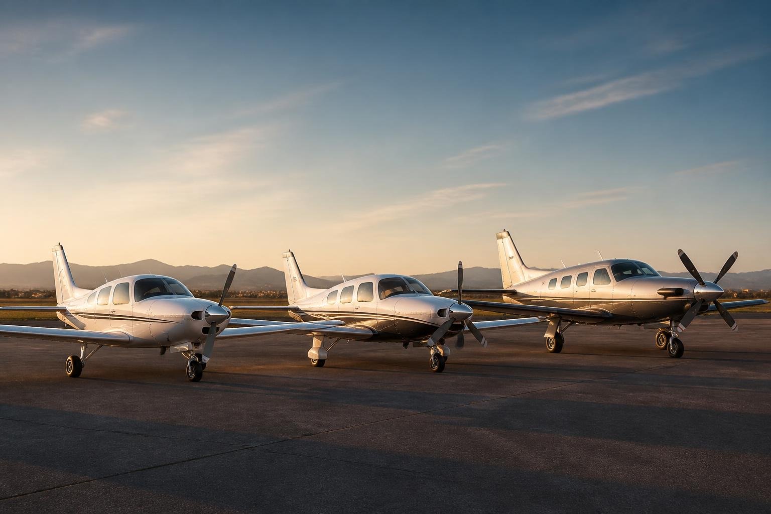 Three unmarked PA-46 family aircraft on an airport apron