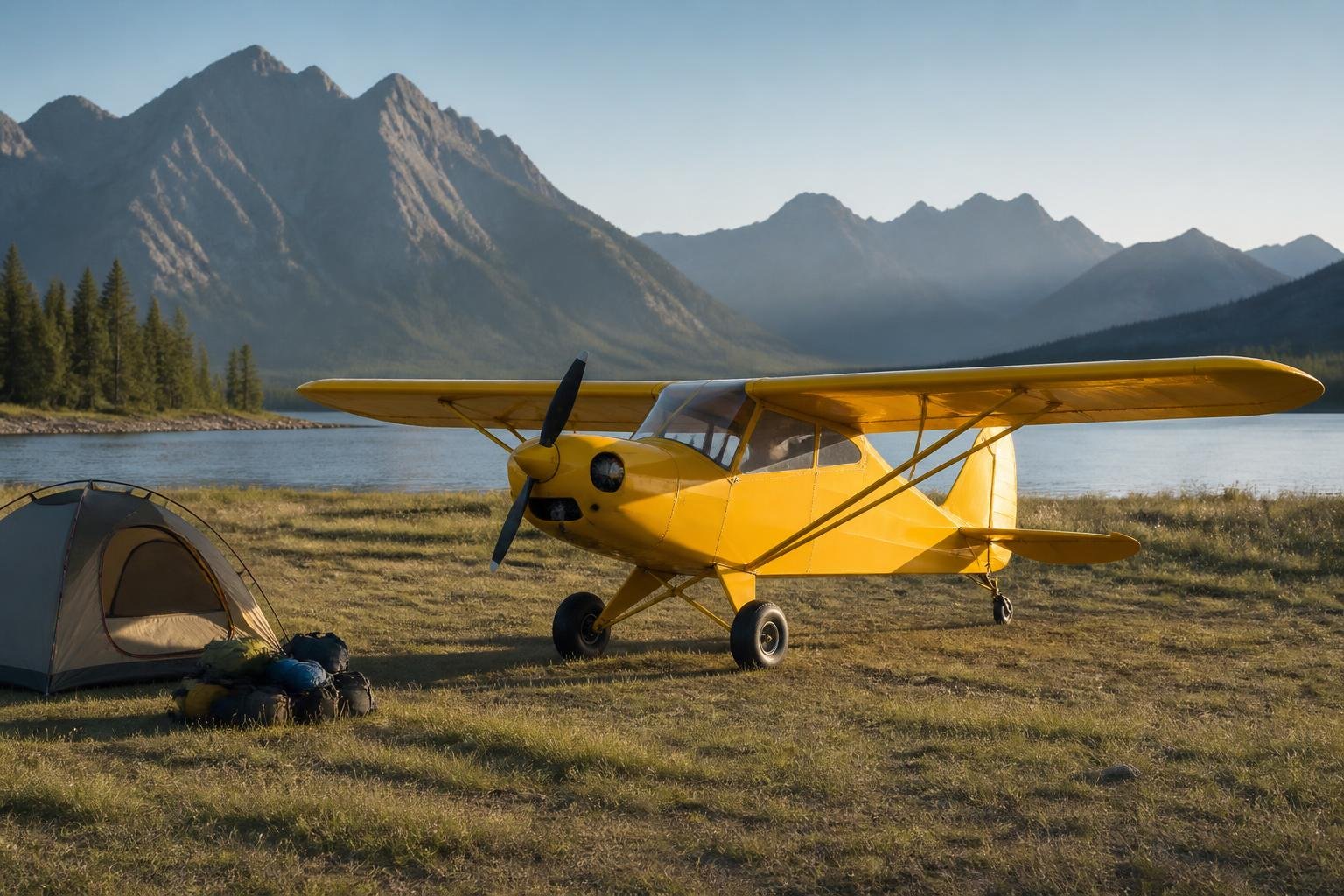 Taildragger on a remote grass strip beside camping equipment