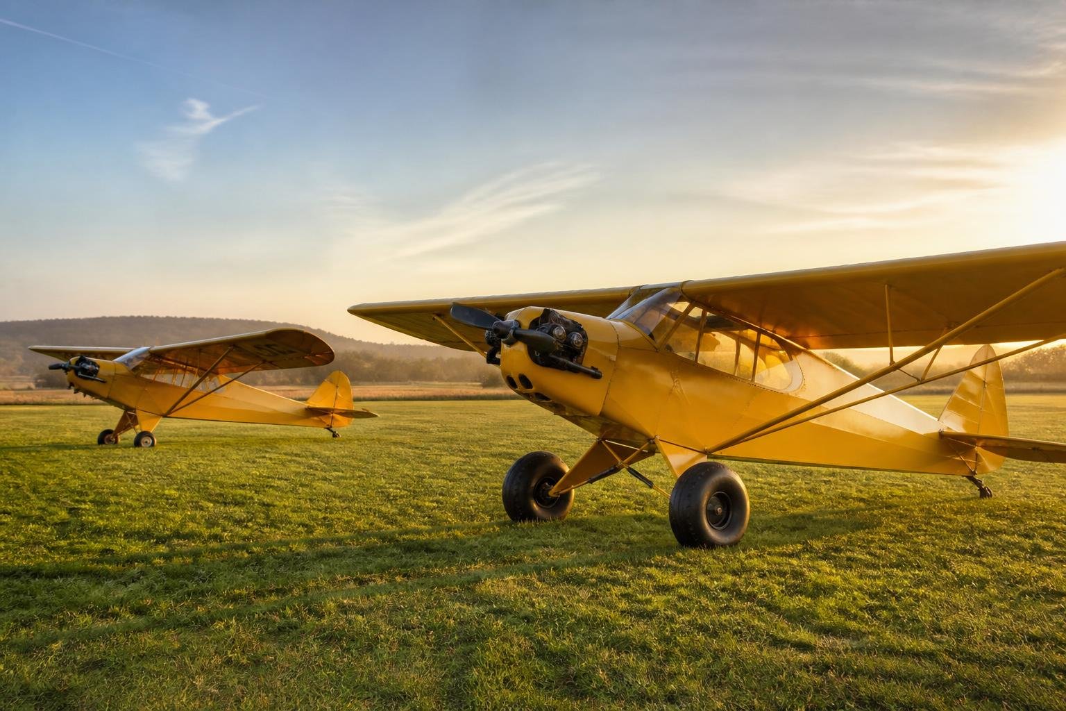 Classic Cub-family taildraggers parked on a grass airfield