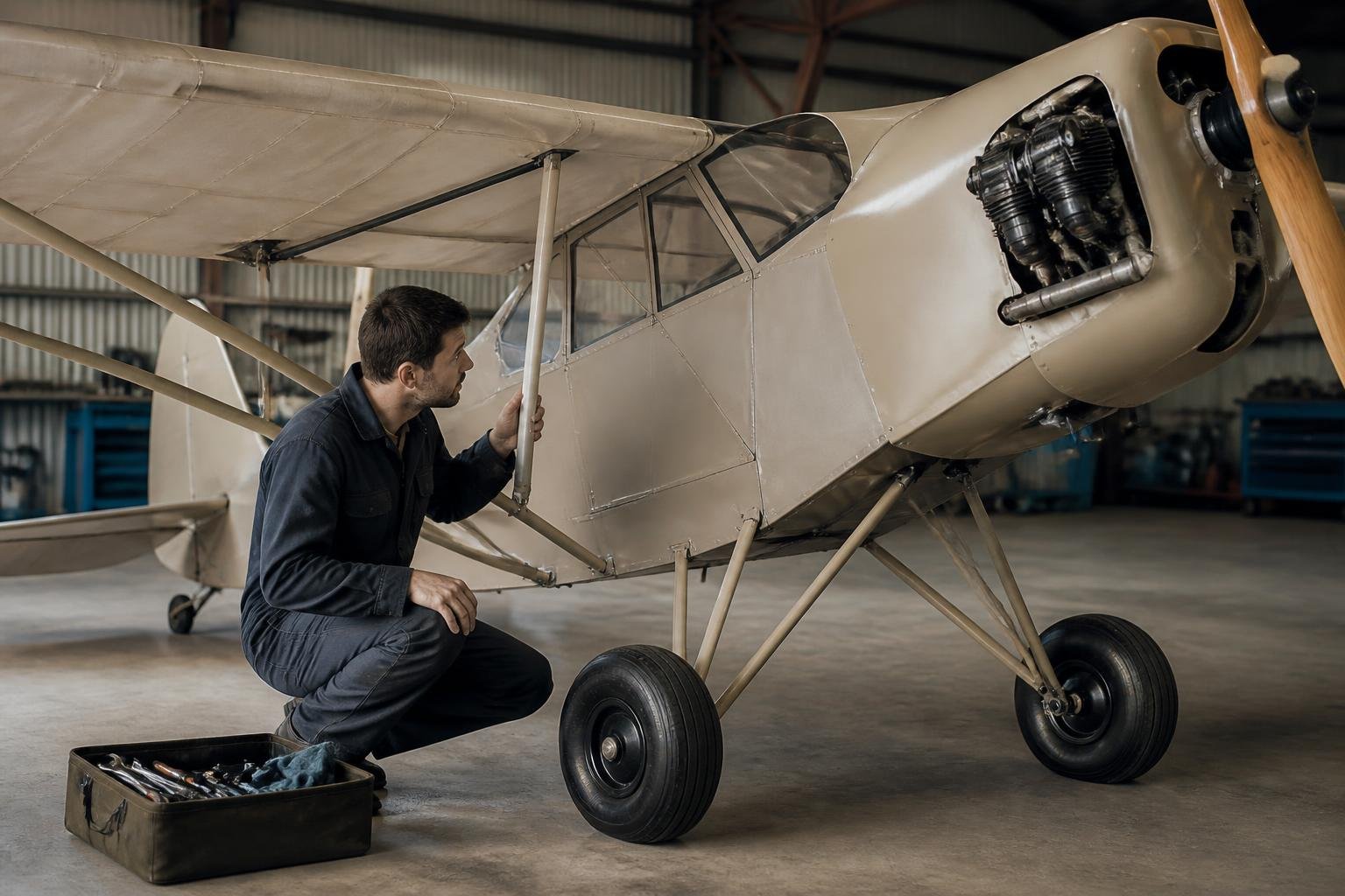 Mechanic inspecting the wing structure of a classic taildragger