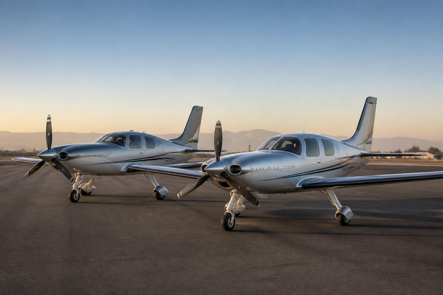 Pressurized piston and turboprop PA-46 aircraft on an airport ramp