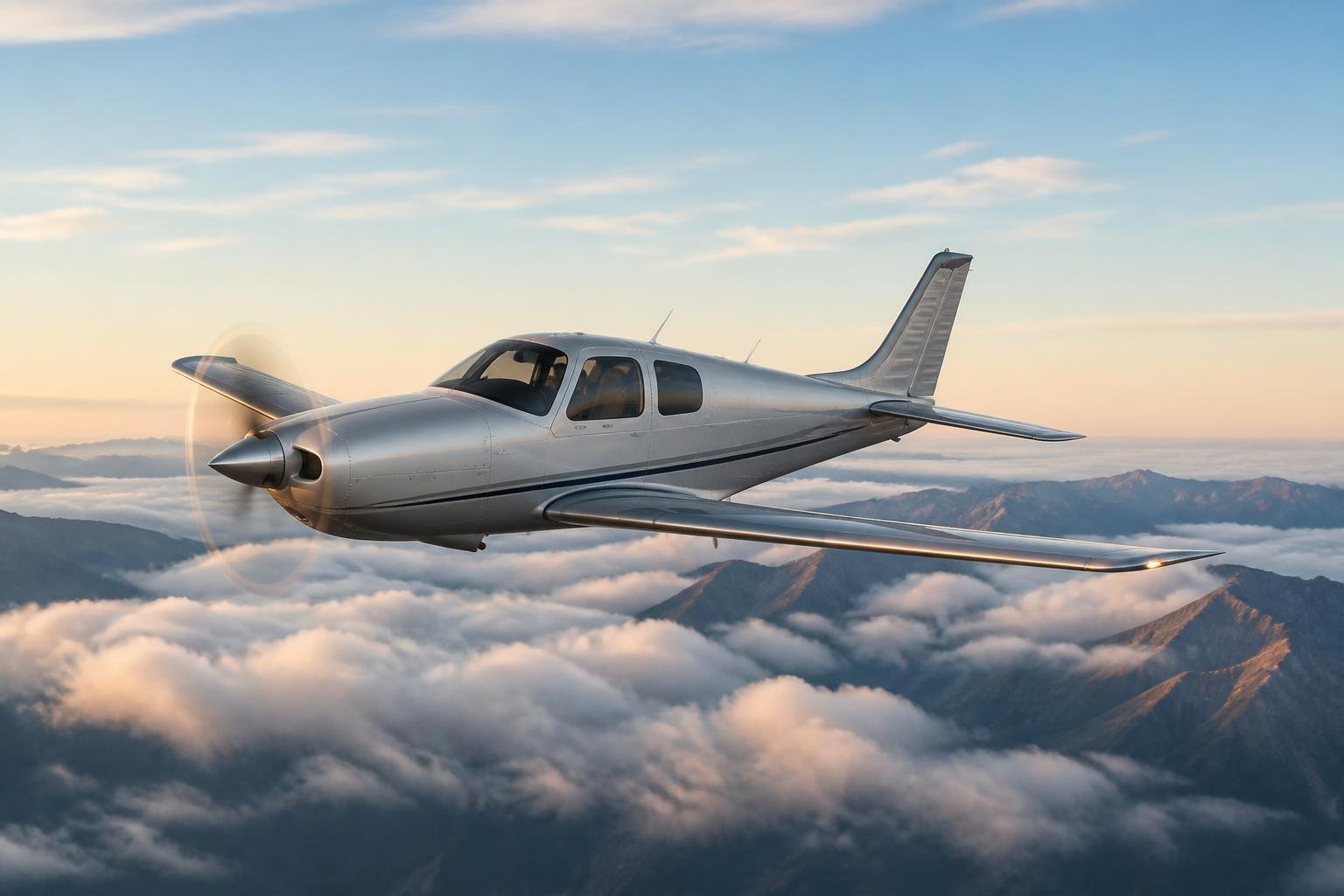 Single-engine aircraft cruising above clouds on a cross-country mission