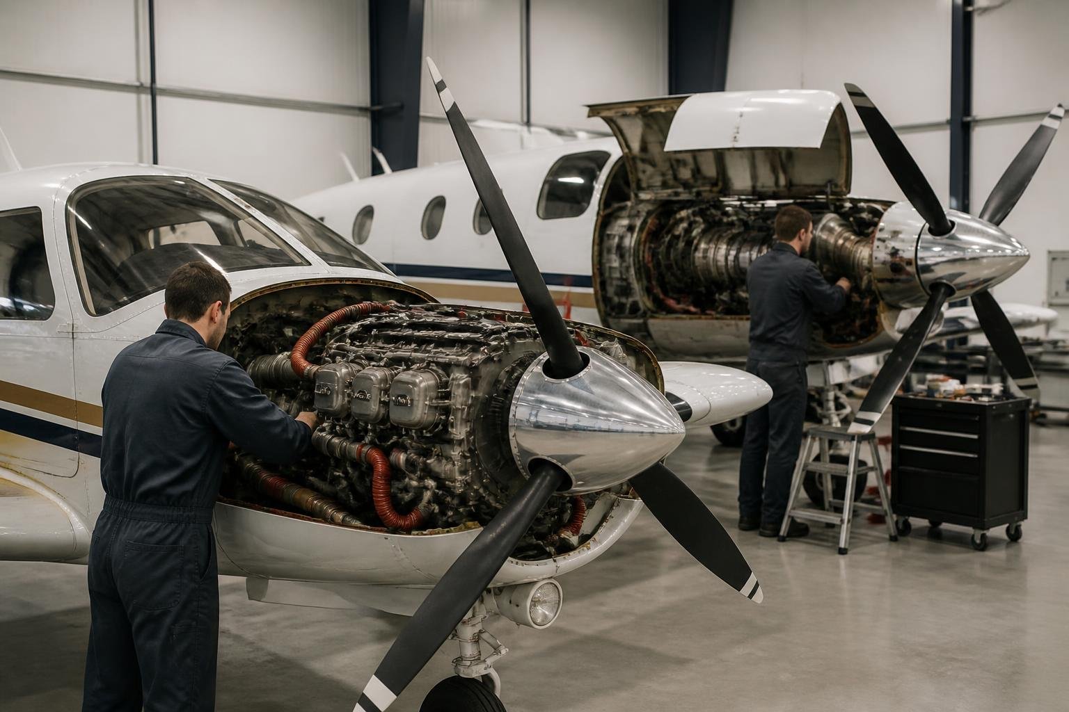 Piston and turboprop aircraft engine bays during maintenance