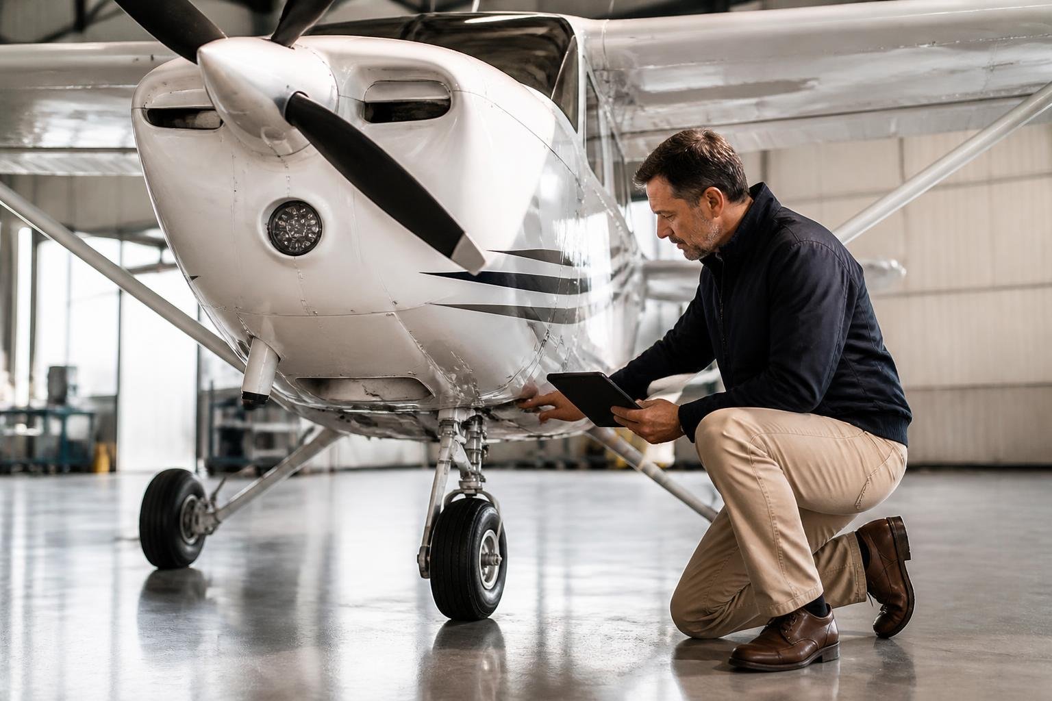 Inspector reviewing a PA-46 aircraft during a pre-buy inspection