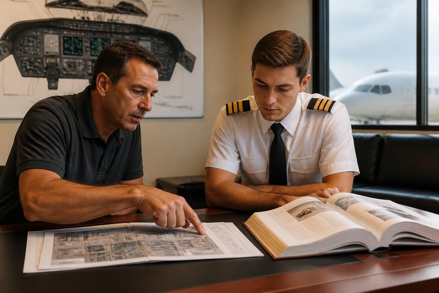 Pilot and instructor preparing for advanced aircraft transition training