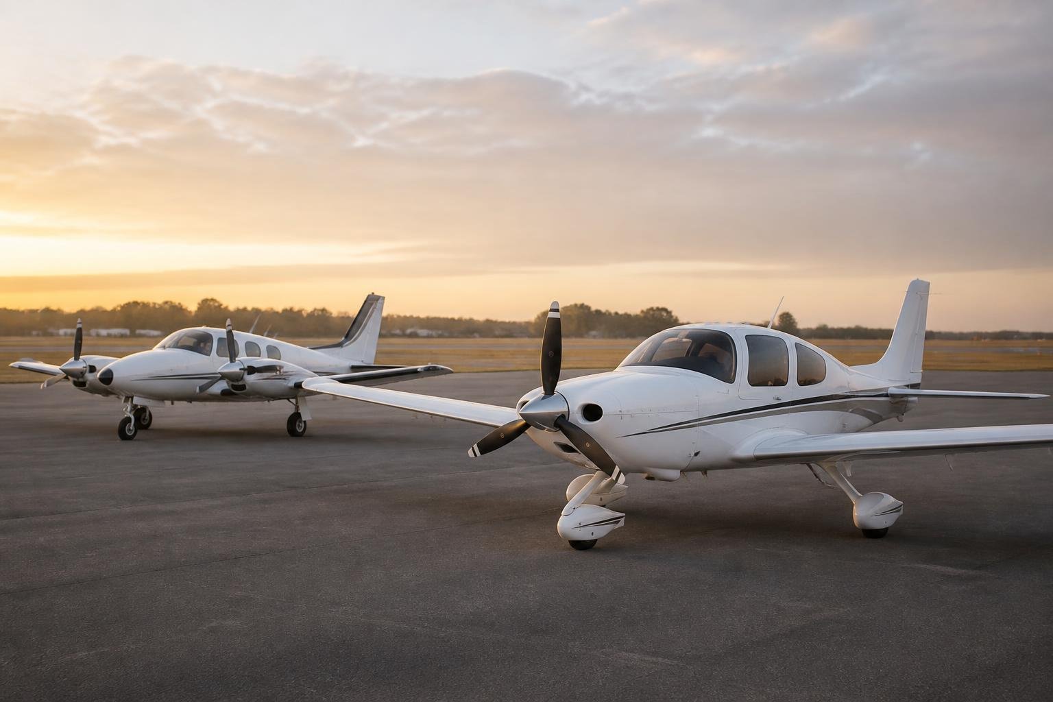Piston single and light twin aircraft parked on an apron at dawn