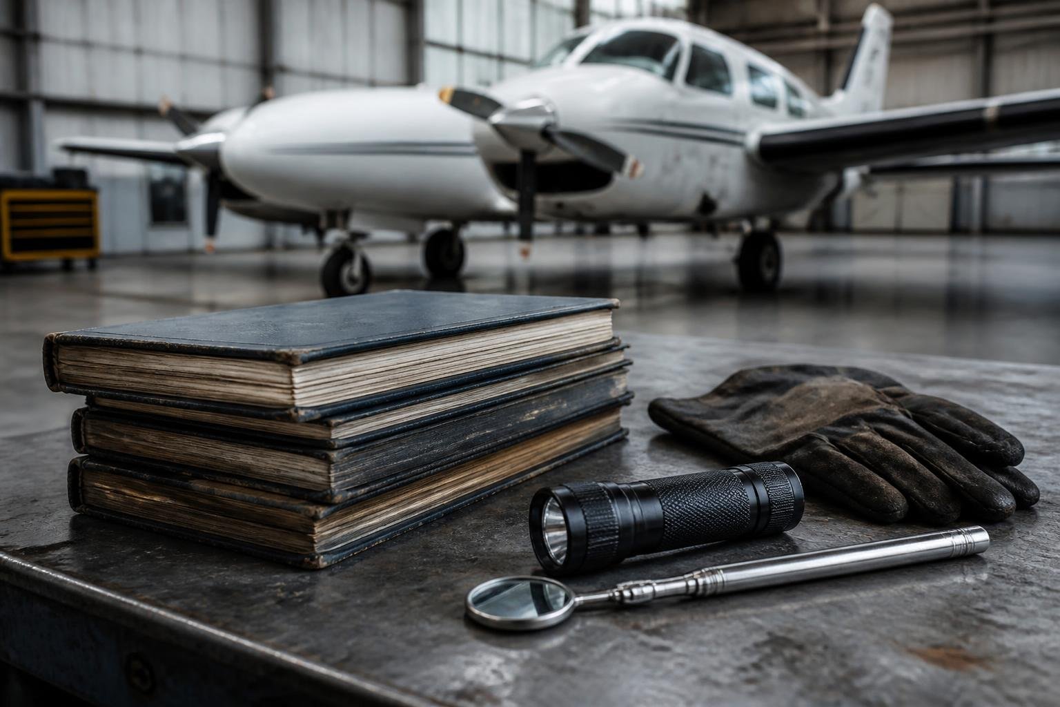 Aircraft records and inspection tools in a hangar