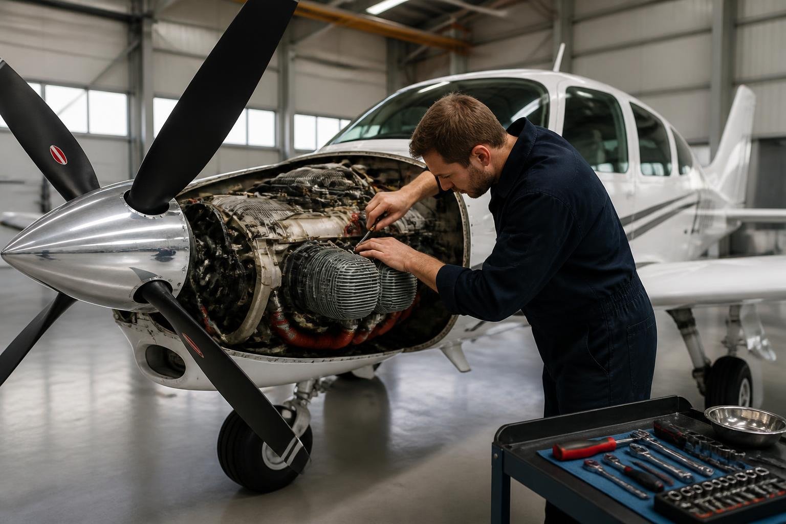 Technician inspecting a piston aircraft engine
