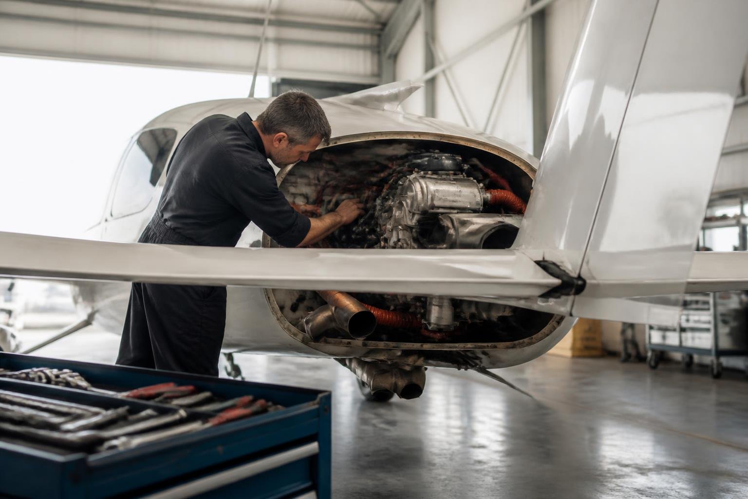 Mechanic inspecting a push-pull aircraft engine installation