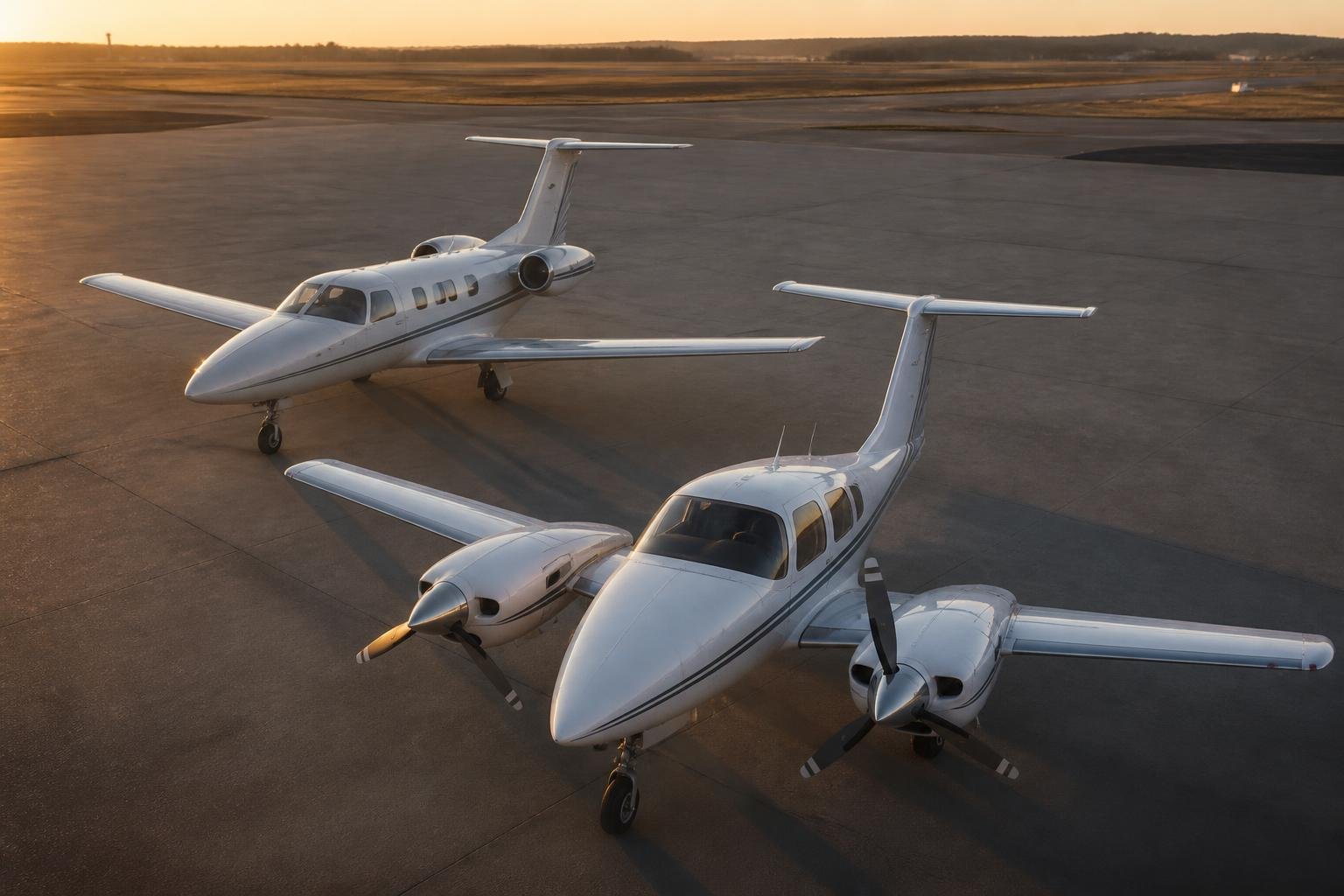Push-pull and conventional light twin aircraft parked together