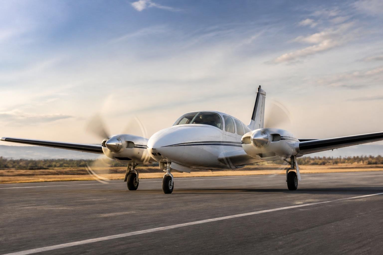 Conventional wing-engine piston twin taxiing at an airport