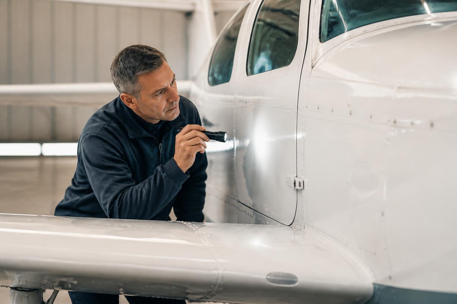Inspector examining an aircraft airframe in a maintenance hangar