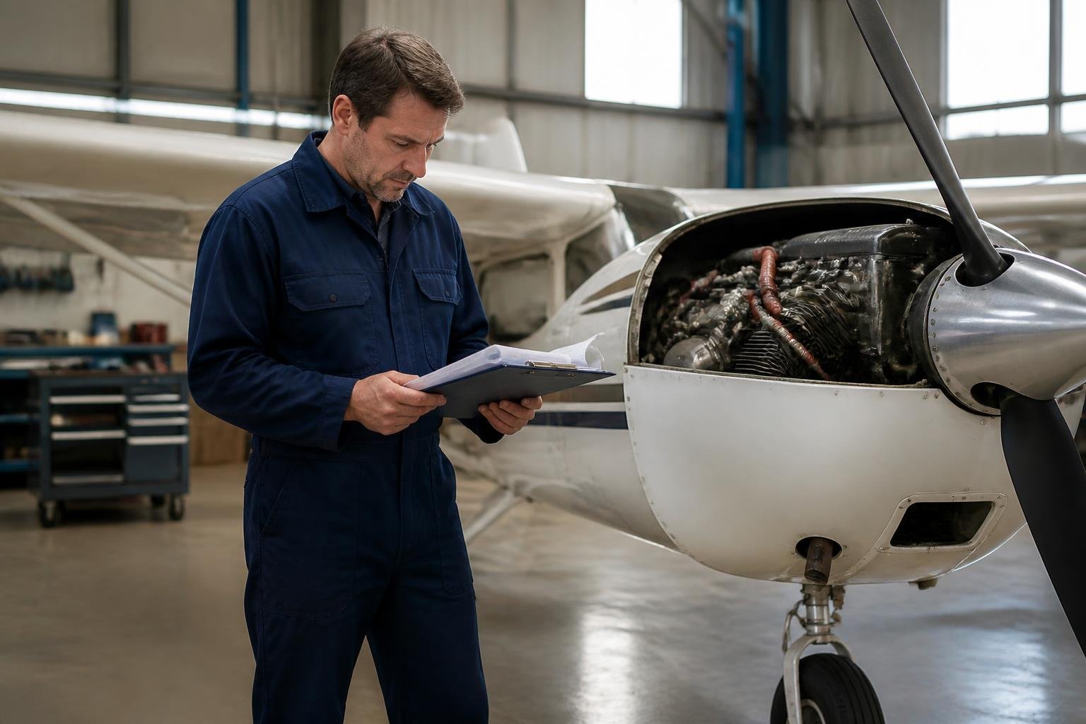 Mechanic reviewing maintenance records beside an open aircraft engine