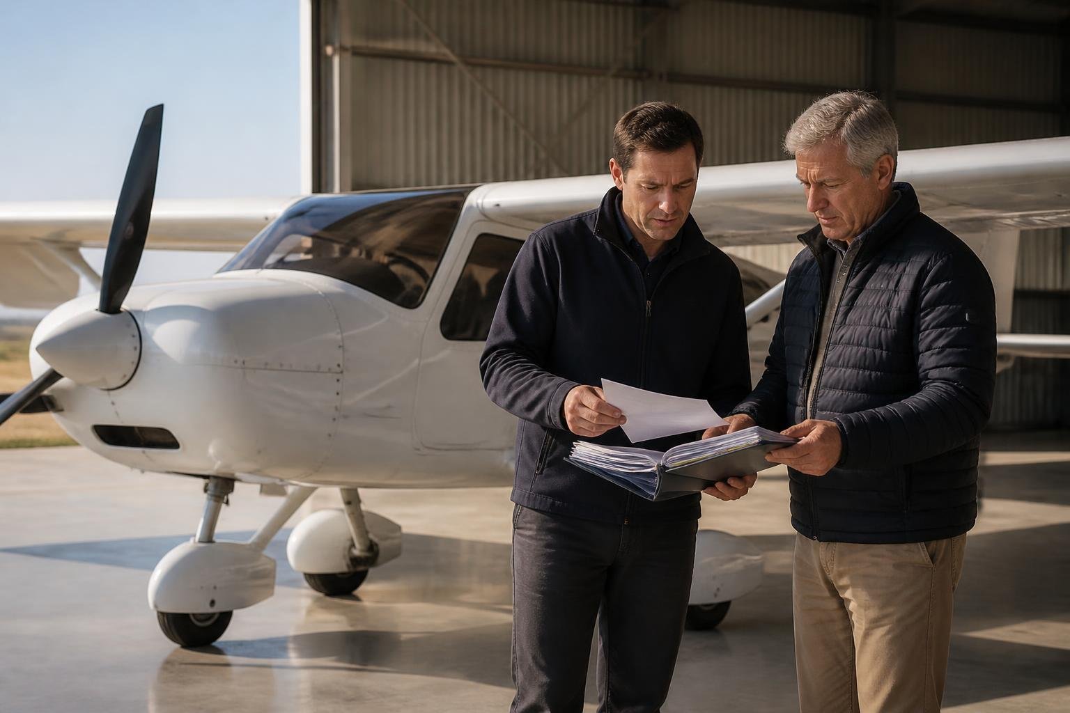 Buyer and seller reviewing aircraft ownership records in a hangar