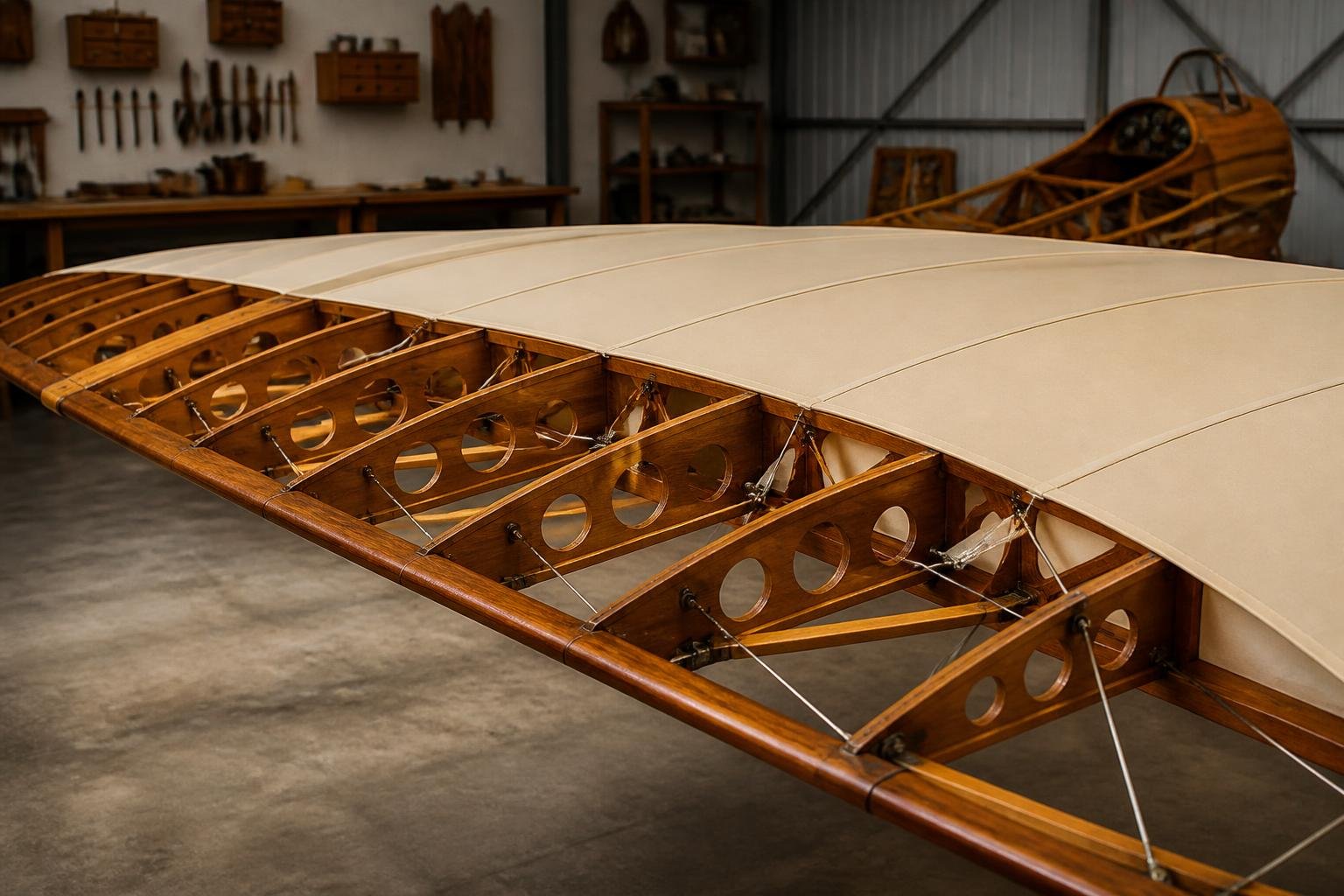 Wooden light-aircraft wing structure in a maintenance hangar
