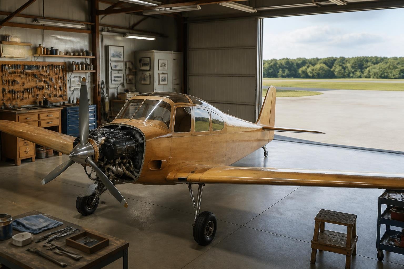 Classic wooden touring aircraft in a maintenance hangar