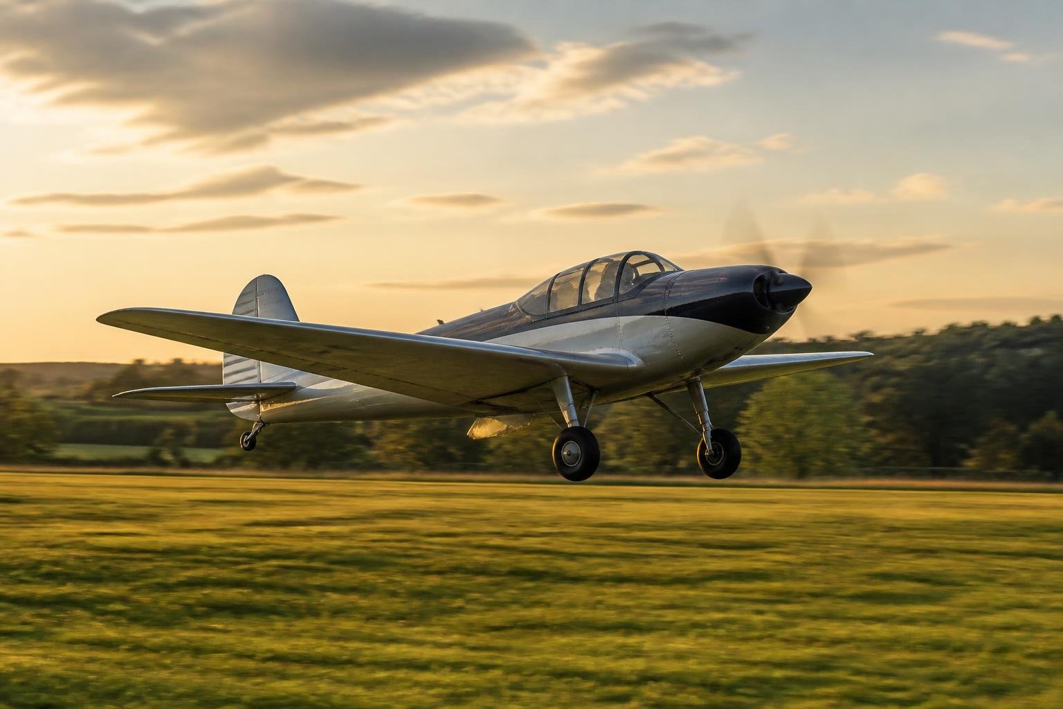 Low-wing touring aircraft departing from a grass runway