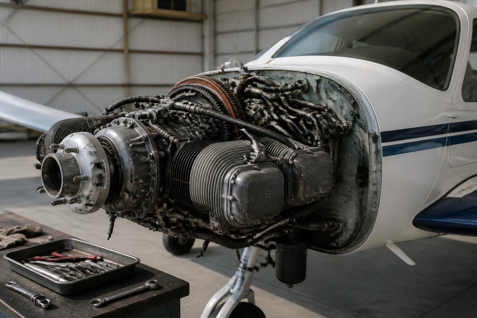 Piston aircraft engine exposed for a pre-purchase inspection