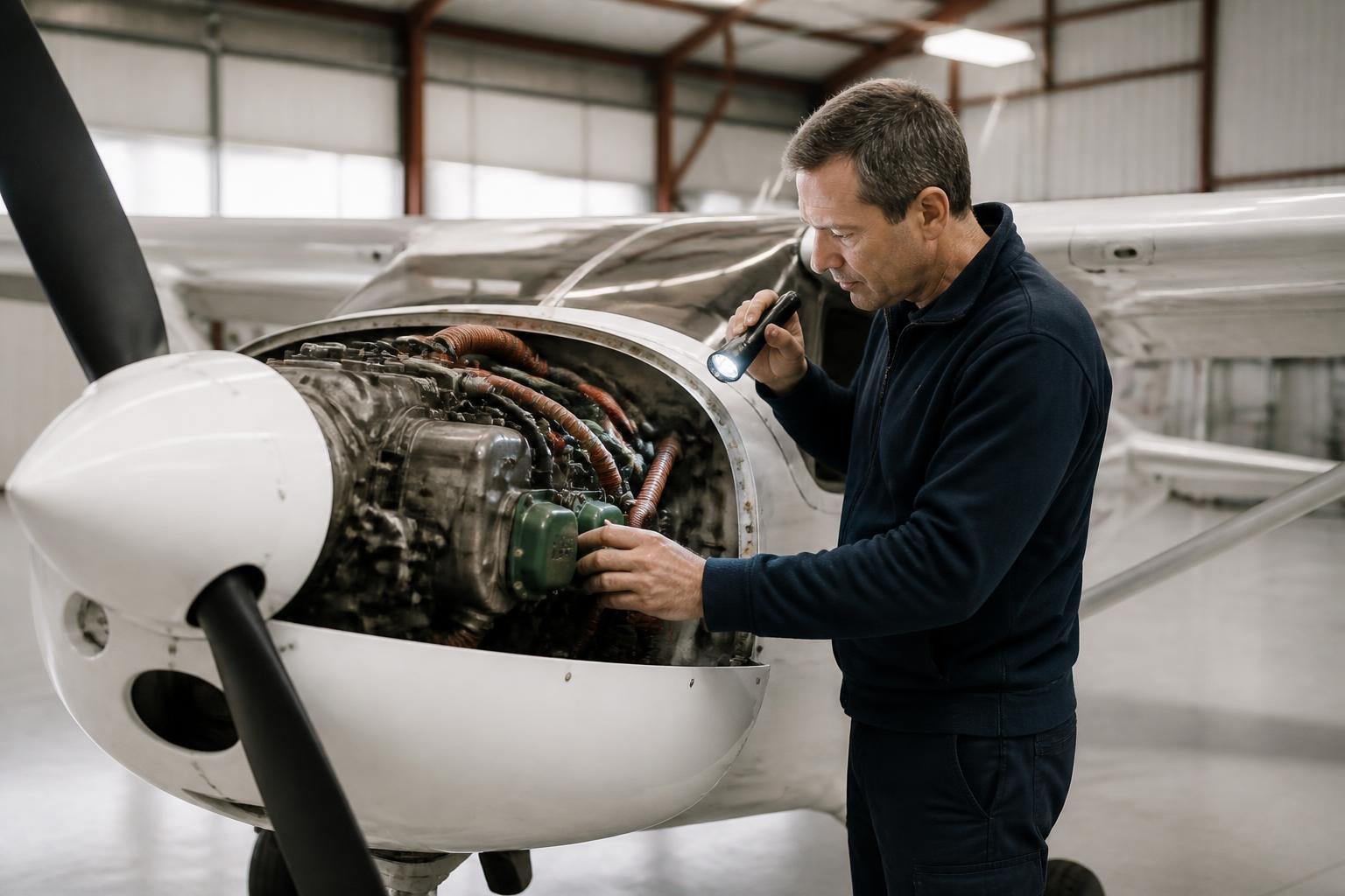 Technician carrying out a pre-buy inspection on a light aircraft engine