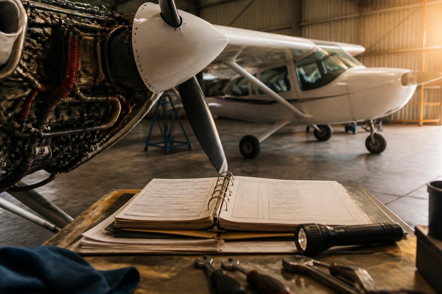 Aircraft engine maintenance records and tools prepared for review
