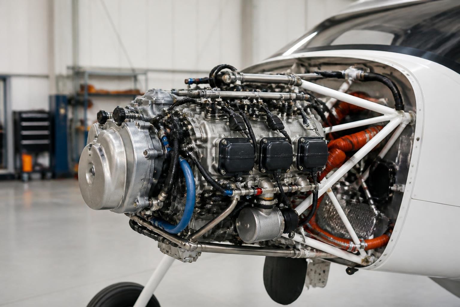 Rotax-style fuel-injected light aircraft engine exposed during maintenance