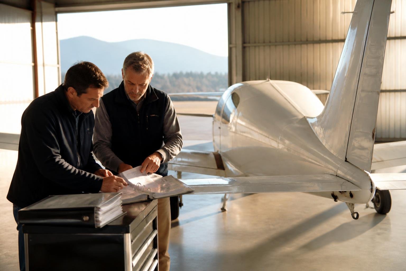 Buyer and mechanic reviewing aircraft maintenance documentation