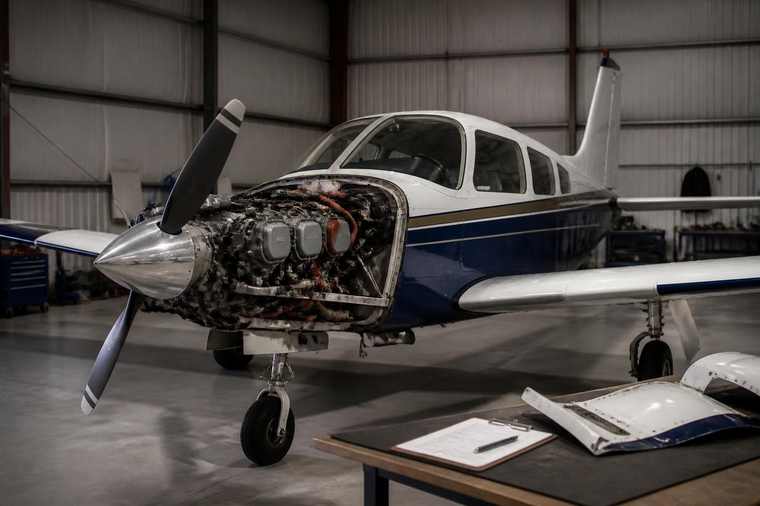 Piston aircraft undergoing planned engine maintenance in a hangar