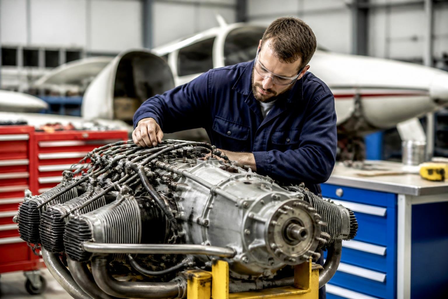 Technician inspecting a piston aircraft engine in a workshop