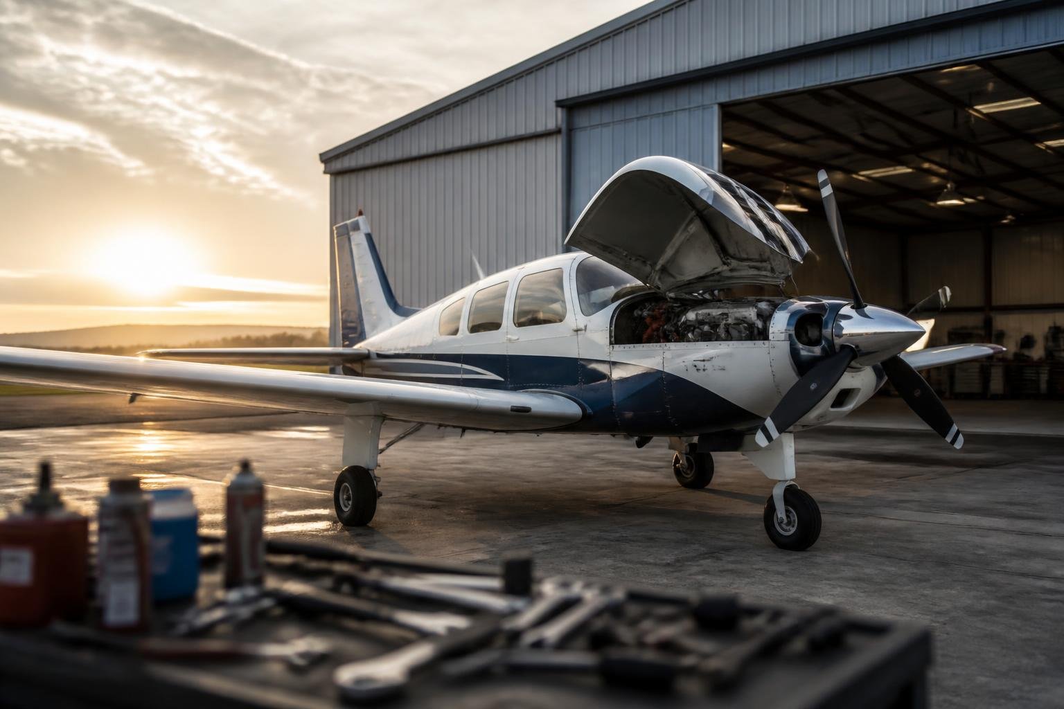 Light aircraft with its cowling open outside a maintenance hangar