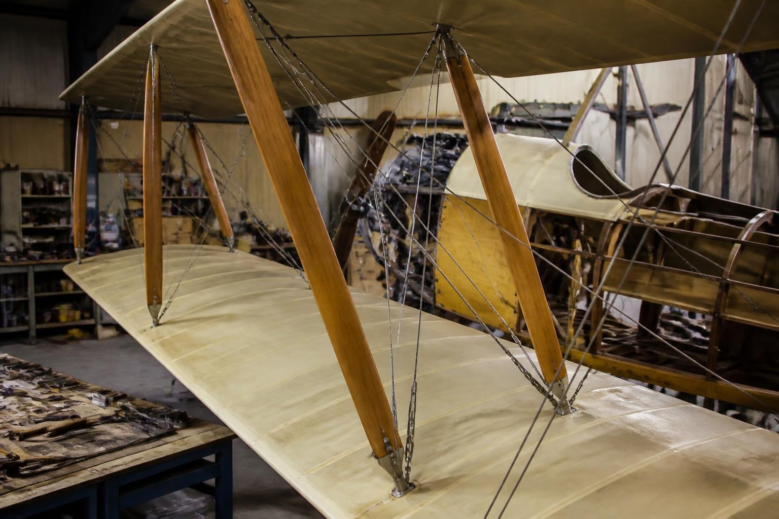 Fabric wing and rigging details on a vintage biplane