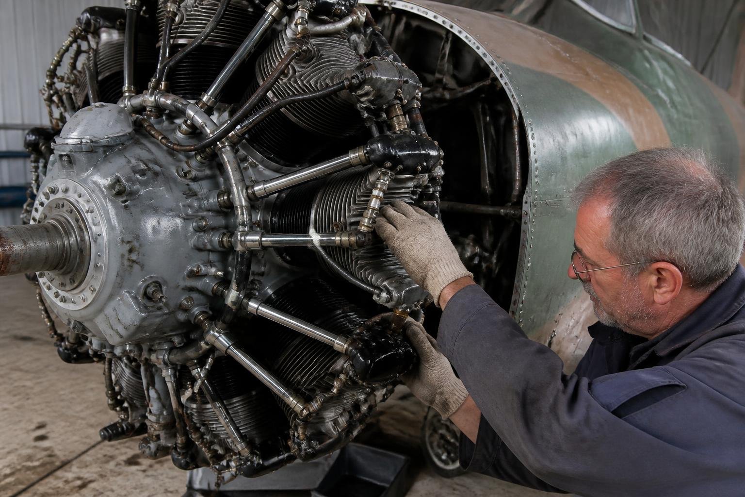 Mechanic inspecting a vintage radial aircraft engine