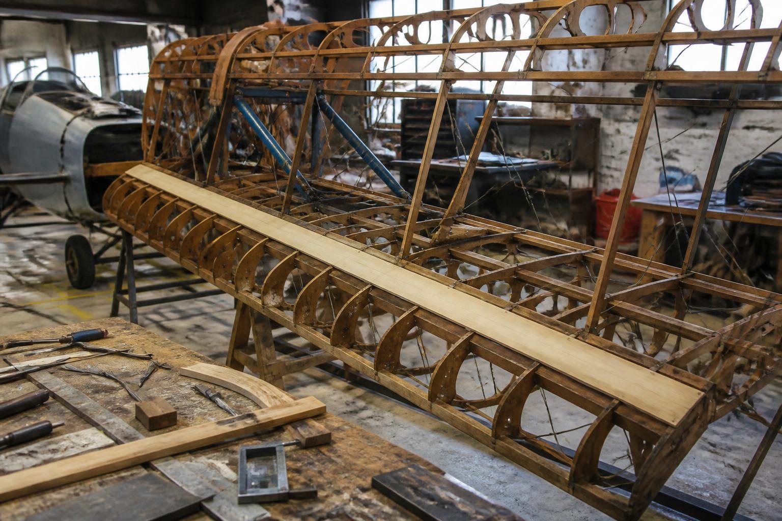 Wooden biplane wing structure under restoration