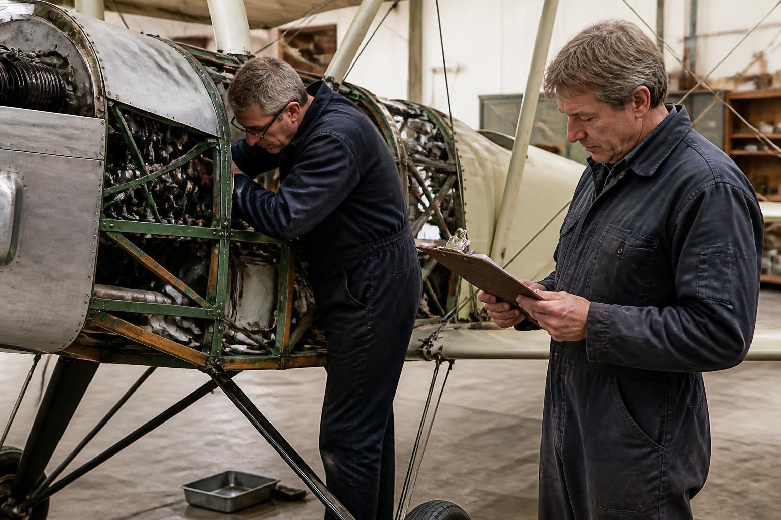 Technicians inspecting a vintage biplane structure