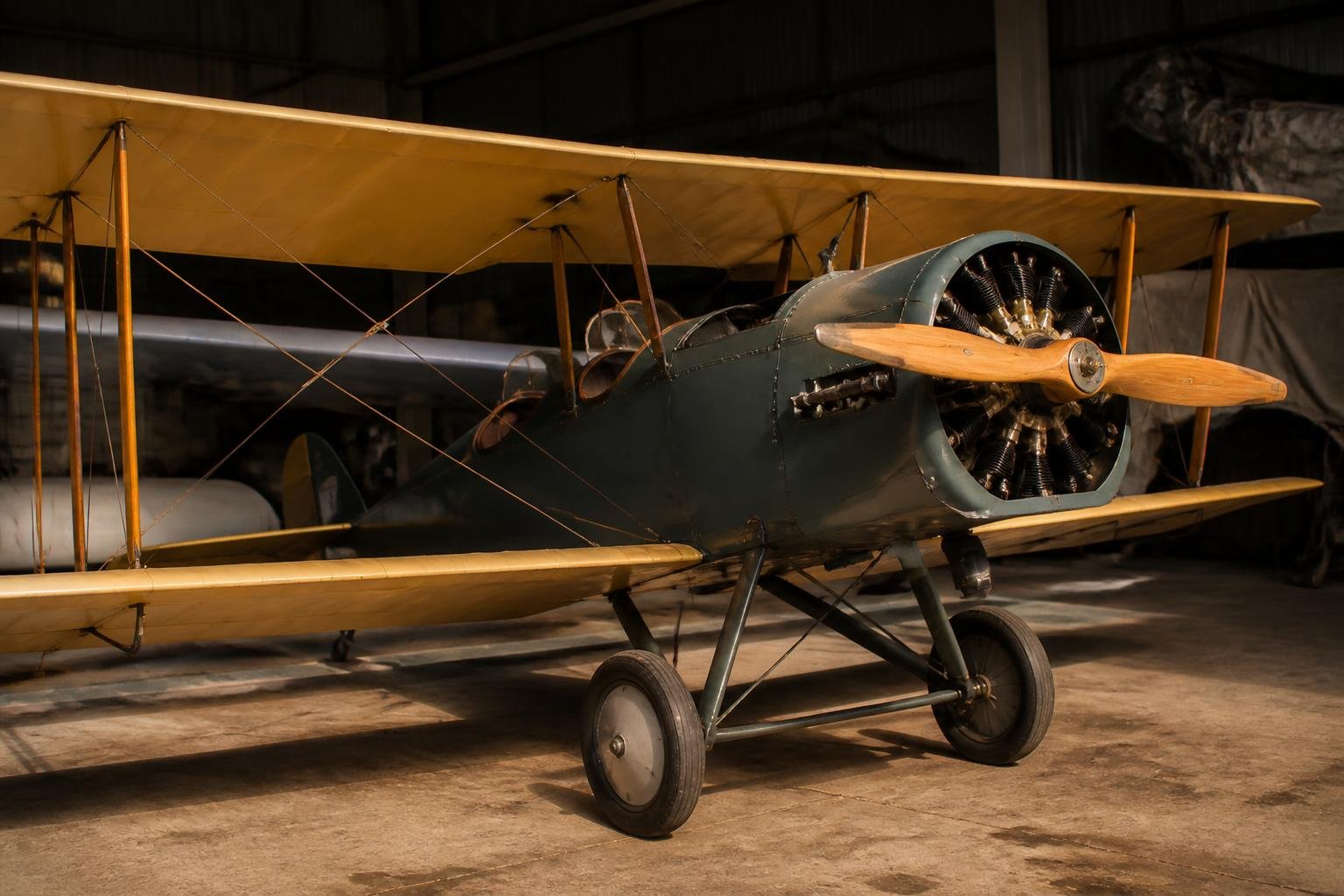 Restored vintage biplane in a hangar