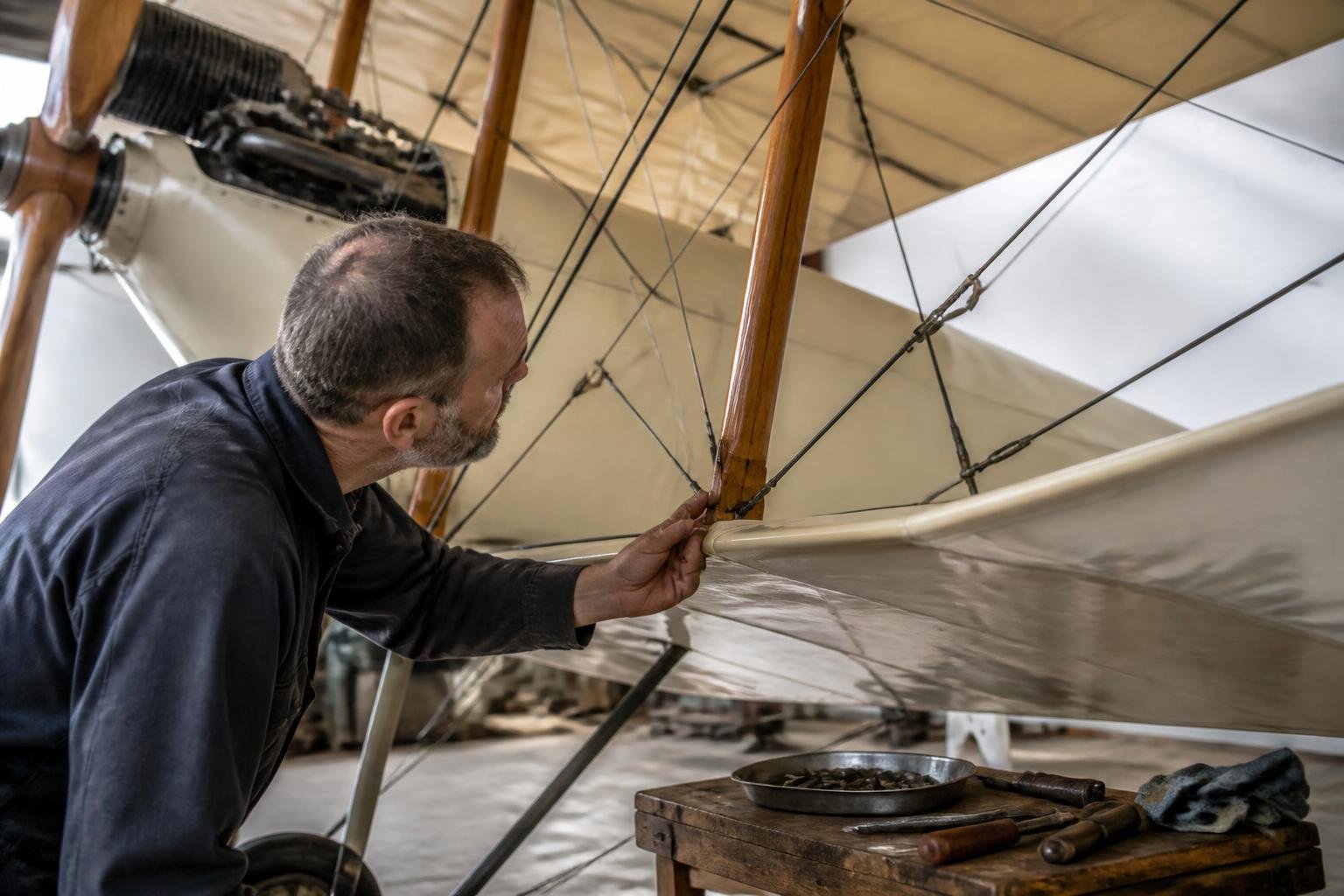 Maintenance inspection of fabric and wooden wing structure on a vintage biplane