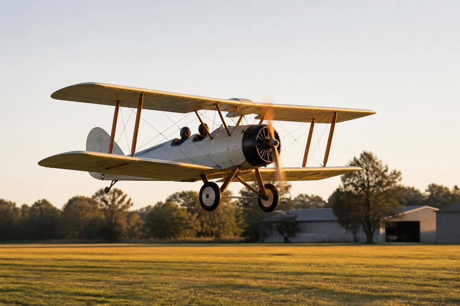 Vintage biplane flying above a grass runway