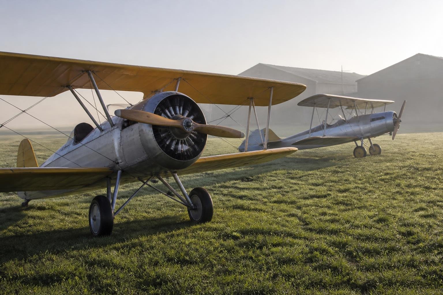 Stearman and Tiger Moth style classic biplane trainers on a grass airfield