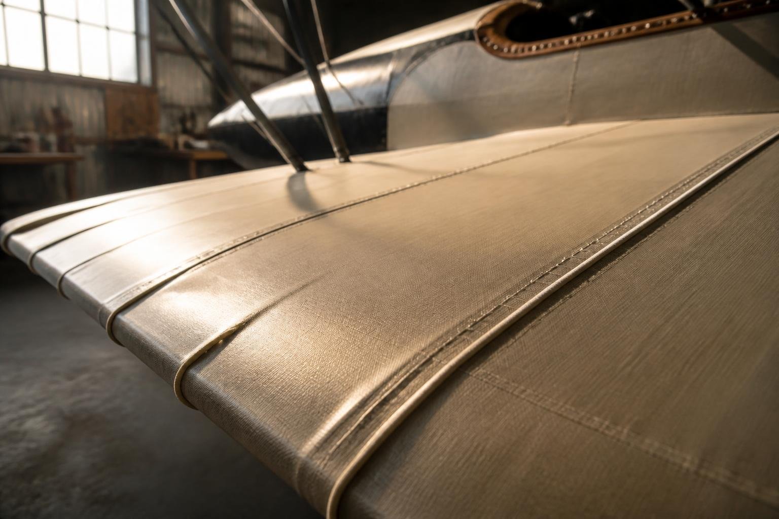 Close view of fabric covering and rib stitching on a vintage wing